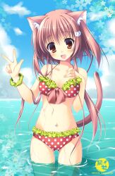  animal_ears bad_id bad_pixiv_id bikini brown_eyes cat_ears female front-tie_top highres long_hair nanaroba_hana navel navel_piercing open_mouth original photoshop_(medium) piercing polka_dot polka_dot_bikini red_bikini red_hair scrunchie solo swimsuit tail v wading water wet wrist_scrunchie 