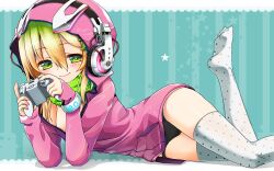  banana banana_(kuromaru9) banana_hair_ornament black_panties blonde_hair breasts cleavage commentary_request controller female food food-themed_hair_ornament fruit game_controller gamepad gradient_hair green_eyes green_hair hair_ornament headphones highres hood hoodie kuromaru9 leg_up lips long_hair looking_at_viewer lying multicolored_hair no_bra no_pants on_side original panties personification photoshop_(medium) polka_dot polka_dot_legwear scarf small_breasts smile solo thighhighs thighs underwear white_thighhighs 