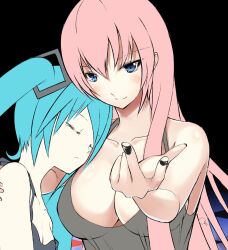  2girls aqua_hair bad_id bad_pixiv_id blue_eyes breasts cleavage closed_eyes hatsune_miku large_breasts long_hair megurine_luka multiple_girls pink_hair smile twintails vocaloid yuki_mizore 