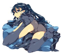  ass black_hair black_rock_shooter black_rock_shooter_(character) blue_eyes commentary_request feet female foreshortening grey_shorts kugimiya_atsuki long_hair looking_back lying oekaki on_stomach shorts solo thighhighs twintails 