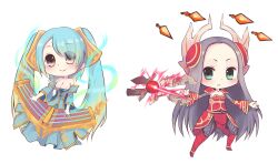  2girls aqua_hair breasts brown_eyes chibi cleavage commentary etwahl instrument irelia konatsu_miyu league_of_legends long_hair medium_breasts multiple_girls sona_(league_of_legends) twintails very_long_hair 