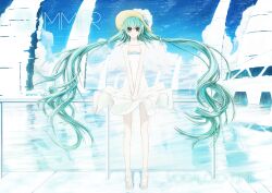  aqua_eyes aqua_hair cloud commentary_request dress female floating_hair hat hatsune_miku jjwww_love long_hair photoshop_(medium) railing sandals sky smile solo sundress twintails very_long_hair vocaloid 