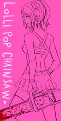  back blood blue_eyes chainsaw cheerleader commentary_request crop_top female heart juliet_starling lollipop_chainsaw monochrome pink_theme solo spot_color take_(takemikazuchi) twintails 