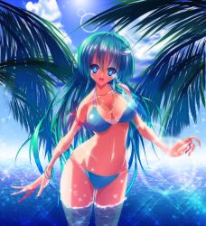  bad_anatomy bad_hands bad_id bad_pixiv_id bad_proportions bikini blue_eyes breasts female frog green_hair highres jewelry kochiya_sanae large_breasts lens_flare long_hair navel necklace palm_tree pendant ring snake solo sousakubito submerged swimsuit touhou tree very_long_hair wading water 