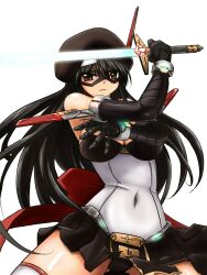  armlet bare_shoulders beret black_hair breasts cleavage commentary_request elbow_gloves female gloves hat highres kagaku_touki_silver_raina large_breasts long_hair mask mecha_musume miniskirt navel original red_eyes ribbon skirt solo sword thighhighs tokihama_jirou weapon zettai_ryouiki 