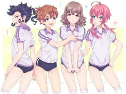  ! 4boys :d ahoge ass bad_id bad_pixiv_id blue_eyes blue_hair blush brown_eyes brown_hair buruma hand_on_own_hip heart inazuma_eleven_(series) inazuma_eleven_go kirino_ranmaru kneehighs matsukaze_tenma multiple_boys musical_note open_mouth otoko_no_ko pink_hair polka_dot profile red_eyes sencha_(senchat) shindou_takuto shirt_tug short_hair smile socks sweat tears tsurugi_kyousuke twintails white_legwear 