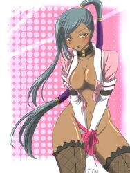  bibirin blush breasts cleavage code_geass collar dark_skin female grey_hair long_hair midriff no_pants open_clothes open_shirt pink_ribbon ponytail ribbon shirt solo thighhighs villetta_nu yellow_eyes 