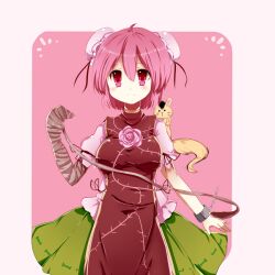  bad_id bad_pixiv_id bandages blush bun_cover chains chinese_clothes cuffs double_bun female flower hair_bun ibaraki_kasen looking_at_viewer pink_eyes pink_hair raijuu shackles short_hair skirt smile solo tabard touhou uiroutsuji_yumihiko 