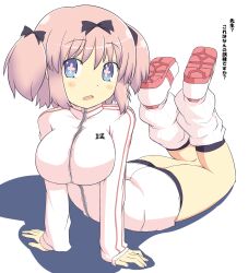  +_+ arched_back arm_support blue_eyes blush bow breasts buruma commentary_request enderspain female hair_ribbon hairbow hibari_(senran_kagura) highres jacket large_breasts leg_warmers lying on_stomach pink_hair ribbon senran_kagura senran_kagura_shoujo-tachi_no_shin&#039;ei shoe_soles shoes short_hair short_twintails sneakers socks solo symbol-shaped_pupils the_pose thighs track_jacket translated twintails upward_dog 