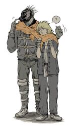  1boy ? bad_id bad_pixiv_id blonde_hair blush caiman_(dorohedoro) dorohedoro female fingerless_gloves gas_mask gloves looking_away mask moha nikaidou_(dorohedoro) scarf shared_clothes shared_scarf 