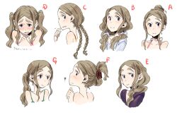  alternate_hairstyle bare_shoulders blue_eyes blush braid brown_hair chibikko_(morihito) commentary_request expressions eyebrows female french_braid hair_bun hair_up halterneck long_hair morihito multiple_views original side_ponytail single_hair_bun smile tank_top twin_braids twintails 