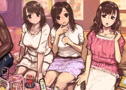  3girls breasts brown_hair commentary_request dark-skinned_male dark_skin dress indoors jewelry kaqo king_game multiple_girls muscular nail_polish necklace original pov shirt sitting skirt white_shirt 