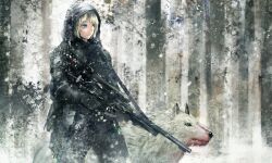  aqua_eyes banned_artist blonde_hair blood blood_on_face forest gun hood nature original rifle seafh sniper sniper_rifle snow solo weapon wolf 