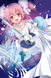  2girls blue_door blue_eyes blue_hair blush cape choker commentary_request dual_wielding hair_ribbon highres holding kaname_madoka lipstick long_hair mahou_shoujo_madoka_magica mahou_shoujo_madoka_magica_(anime) makeup miki_sayaka miki_sayaka_(magical_girl) multiple_girls open_mouth pink_hair ribbon ripples shoe_soles spoilers sword thighhighs two_side_up ultimate_madoka weapon yellow_eyes 