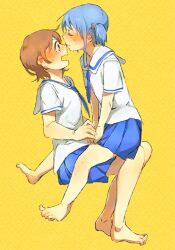  2girls aioi_yuuko bad_id bad_pixiv_id barefoot blue_hair blush brown_eyes brown_hair closed_eyes feet kissing kissing_nose multiple_girls naganohara_mio necktie nichijou school_uniform short_twintails tamagogogo tokisadame_school_uniform twintails yuri 