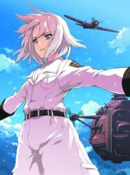  aircraft airplane airship bob_cut cloud day fana_del_moral female gloves hikuushi_series jpeg_artifacts messy_hair morisawa_haruyuki outstretched_arms purple_eyes short_hair sky solo spread_arms toaru_hikuushi_e_no_tsuioku uniform white_hair wind 