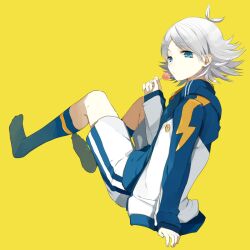  1boy ahoge bad_id bad_pixiv_id blue_eyes candy food fubuki_shirou inazuma_eleven inazuma_eleven_(series) jacket lollipop male_focus mami_(apsaras) shorts simple_background soccer_uniform socks solo sportswear white_hair white_shorts 