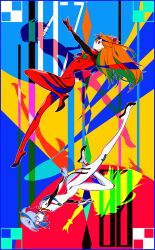  2girls ayanami_rei blue_hair bodysuit colorful commentary highres multiple_girls neon_genesis_evangelion orange_hair plugsuit ramu_(jamink) silhouette souryuu_asuka_langley symbol-only_commentary white_bodysuit 