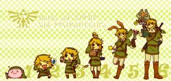  6+boys age_progression animal_ears bandaid blonde_hair blue_eyes bow_(weapon) commentary_request compass copy_ability earrings female food gloves grin hat helmet highres ice_cream jewelry kirby kirby_(series) link midna motimamire multiple_boys ooccoo rabbit_ears red_eyes smile sword the_legend_of_zelda the_legend_of_zelda:_twilight_princess weapon 