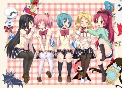  5girls adelbert_(madoka_magica) akemi_homura anja_(madoka_magica) anthony_(madoka_magica) black_hair black_pantyhose black_socks blonde_hair blue_door blue_eyes blush boots bow butterfly_wings charlotte_(madoka_magica) closed_eyes commentary_request cup drill_hair food h.n.elly_(kirsten) hair_ornament hair_ribbon hairbow hairclip halo highres insect_wings kaname_madoka long_hair mahou_shoujo_madoka_magica mahou_shoujo_madoka_magica_(anime) miki_sayaka mitakihara_school_uniform monitor multiple_girls oerba_yun_fang open_mouth pantyhose pink_hair plaid plaid_background pocky ponytail pyotr_(madoka_magica) red_eyes red_hair ribbon sakura_kyoko saucer school_uniform short_shorts short_twintails shorts skirt smile socks star_(symbol) teacup thighhighs tomoe_mami tongue twin_drills twintails ulla_(madoka_magica) white_thighhighs wings 