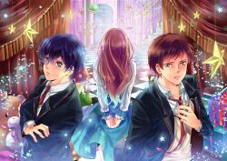  2boys bad_id bad_pixiv_id blue_hair brother_and_sister brothers brown_hair checkered_floor crossed_arms female from_behind gift green_eyes long_hair mawaru_penguindrum mina_(o414) multiple_boys necktie photoshop_(medium) school_uniform short_hair siblings star_(symbol) takakura_himari takakura_kanba takakura_shouma 