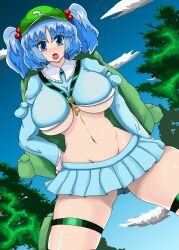  big_breasts blue_eyes blue_hair breasts curvy female girl highres kawashiro_nitori large_breasts open_mouth touhou twintails ura urx_ura 