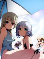  4girls bikini blonde_hair commentary_request eila_ilmatar_juutilainen glasses green_eyes grey_hair highres long_hair miyafuji_yoshika multiple_girls octopus one-piece_swimsuit perrine_h._clostermann purple_eyes sanya_v._litvyak short_hair side-tie_bikini_bottom strike_witches sweatdrop swimsuit tabigarasu umbrella world_witches_series 