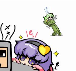  2girls commentary_request creeper edowan hat jpeg_artifacts komeiji_koishi komeiji_satori minecraft multiple_girls purple_hair saliva sheep sheep_(minecraft) sparkling_eyes touhou white_background 