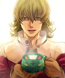  1boy animal_cup barnaby_brooks_jr. commentary_request cup emi_(penguin908) glasses green_eyes holding holding_cup jacket looking_at_viewer male_focus milk photoshop_(medium) red_jacket solo steam themed_object tiger_&amp;_bunny 