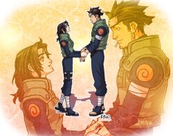  1boy bandages black_hair cigarette commentary_request couple eye_contact female flak_jacket forehead_protector holding_hands holster jacket looking_at_another naruto naruto_(series) ryuuki_garyuu sarutobi_asuma straight thigh_holster yuuhi_kurenai 