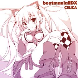  animal_ears beatmania_iidx between_breasts blush boots breasts cat_ears chiri_(atlanta) commentary_request female headphones long_hair medium_breasts mizushiro_celica monochrome necktie photoshop_(medium) sitting smile solo twintails 