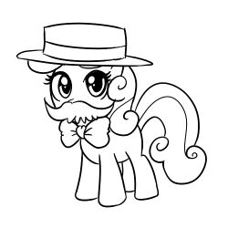  1:1 black_and_white bow_(feature) bow_tie clothing equid equine facial_hair female feral friendship_is_magic hasbro hat headgear headwear horse low_res madmax mammal monochrome moustache my_little_pony pony quadruped simple_background solo sweetie_belle_(mlp) tail white_background young young_female young_feral 