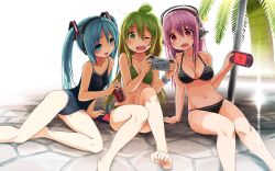  3girls :d ;o ahoge arm_support banana_(kuromaru9) banana_hair_ornament barefoot beach_umbrella beads bikini black_bikini blue_eyes blue_hair blue_one-piece_swimsuit blush bracelet breasts can cleavage coca-cola commentary_request competition_school_swimsuit crossover drink feet food-themed_hair_ornament game_over green_bikini green_eyes green_hair hair_between_eyes hair_ornament handheld_game_console hatsune_miku headphones highres holding jewelry kuromaru9 leaning legs long_hair looking_down multiple_girls navel necklace nitroplus one-piece_swimsuit one_eye_closed open_mouth original outdoors palm_tree pearl_necklace personification photoshop_(medium) pink_hair playing_games playstation_portable pool raised_eyebrows red_eyes school_swimsuit shade sitting skull small_breasts smile soda soles striped_bikini striped_clothes super_sonico sweat swimsuit toe_scrunch tree twintails umbrella very_long_hair vocaloid wince yokozuwari 