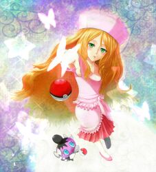  aqua_eyes blonde_hair blush bug butterfly caitlin_(pokemon) commentary_request female foreshortening from_above gothita green_eyes hands hat highres lips long_hair poke_ball poke_ball_(basic) pokemon pokemon_(creature) pokemon_bw saty-rokuji skirt skirt_set very_long_hair 