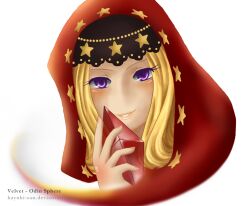  blonde_hair crystal holding hood lips odin_sphere purple_eyes smile smirk star velvet velvet_(odin_sphere) waivy_hair wavy_hair 