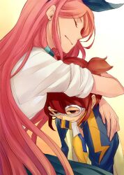  1boy bad_id bad_pixiv_id blush brown_eyes brown_hair closed_eyes female glasses hair_ribbon hayami_tsurumasa hug inazuma_eleven_(series) inazuma_eleven_go jacket long_hair red_hair ribbon seto_midori short_hair short_twintails sleeves_rolled_up twintails wakaya_hana 