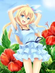  aizawa_hikaru alternate_costume arms_up blonde_hair blue_eyes blue_skirt commentary_request female flower frills gathers hibiscus long_hair looking_at_viewer microsoft open_mouth regdic silverlight skirt smile solo 