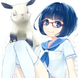  black_hair blue_eyes commentary_request female glasses goat looking_at_viewer photoshop_(medium) sailorbon school_uniform serafuku short_hair smile solo thighhighs white_thighhighs yahako 