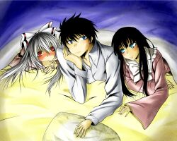  1boy 2girls akashiro_sen bed bed_sheet black_hair blue_eyes blush bow commentary_request dress fujiwara_no_mokou grey_hair hairbow houraisan_kaguya long_hair m.u.g.e.n melty_blood multiple_girls nanaya_shiki pillow red_eyes short_hair straight sweatdrop touhou tsukihime under_covers 