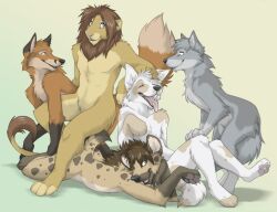  anthro avoid_posting blue_eyes brown_eyes brown_hair canid canine canis closed_eyes domestic_dog felid fox green_eyes group hair hyena keihound lion male mammal mane nude open_mouth pantherine pawpads paws simple_background tongue tongue_out white_background wolf 