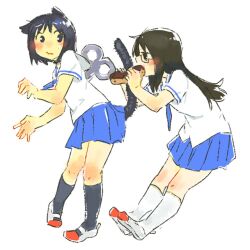  2girls animal_ears bad_id bad_pixiv_id black_hair cat_ears cat_tail doughnut eating food food_on_tail glasses hyadain_no_joujou_yuujou kemonomimi_mode minakami_mai multiple_girls nichijou school_uniform shinonome_nano tail tamagogogo tokisadame_school_uniform wavy_mouth winding_key 