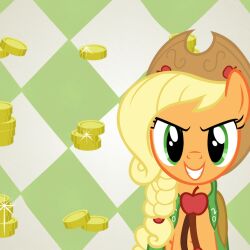  1:1 apple applejack_(mlp) better_version_at_source blonde_hair braided_hair clothing coin cowboy_hat equid equine female feral food friendship_is_magic fruit grand_galloping_gala greed green_eyes grin hair hasbro hat headgear headwear horse ipad_wallpaper mammal money my_little_pony pattern_background plant pony queue_(hairstyle) shelltoontv simple_background smile solo wallpaper 