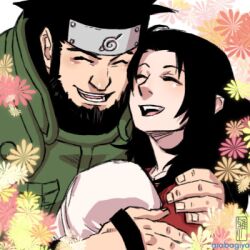  1boy alternate_universe baby beard black_hair commentary_request couple facial_hair family female forehead_protector happy hug konohagakure_symbol lowres naruto naruto_(series) ryuuki_garyuu sarutobi_asuma sarutobi_mirai smile straight yuuhi_kurenai 