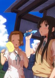  2girls akiyama_mio bad_id bad_pixiv_id black_eyes black_hair bottle brown_hair closed_eyes girock hand_fan hot k-on! long_hair multiple_girls paper_fan ramune sakuragaoka_high_school_uniform school_uniform short_hair sweater_vest tainaka_ritsu uchiwa 