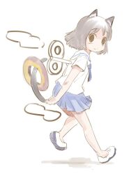  animal_ears black_eyes black_hair blush bob_cut cat_ears cat_tail cloud commentary_request doughnut female food food_on_tail hyadain_no_joujou_yuujou kemonomimi_mode looking_back neves nichijou school_uniform shinonome_nano short_hair skirt smile solo tail tokisadame_school_uniform walking winding_key 