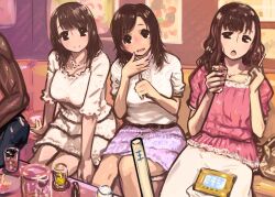  3girls breasts brown_hair commentary_request dark-skinned_male dark_skin dress indoors jewelry kaqo king_game multiple_girls nail_polish necklace original pov shirt sitting skirt white_shirt 