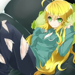  ahoge bad_id bad_pixiv_id blonde_hair breasts cleavage couch denim dutch_angle female green_eyes hoshii_miki idolmaster idolmaster_(classic) jeans kakao_(chocolate_land) long_hair lying medium_breasts on_back pants pillow pinching_sleeves sleeves_past_wrists smile solo torn_clothes torn_jeans torn_pants 