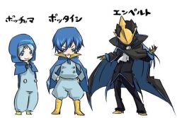  3boys artist_request blue_hair cape code_geass cosplay covered_face empoleon evolutionary_line mask multiple_boys personification piplup pokemon prinplup source_request zero_(code_geass) zero_(code_geass)_(cosplay) 