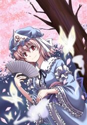  bug butterfly cherry_blossoms commentary_request dutch_angle female folding_fan ghost hand_fan hat hitodama japanese_clothes looking_at_viewer photoshop_(medium) pink_hair red_eyes rimibure saigyouji_yuyuko smile solo touhou tree triangular_headpiece upper_body 