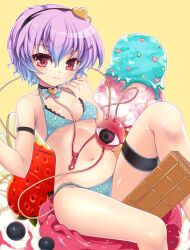  bare_shoulders bikini blue_bikini choker commentary_request eyeball female food fruit hairband heart ice_cream in_food komeiji_satori kumao_mofumofu mini_person minigirl navel pink_eyes purple_hair short_hair simple_background sitting smile solo strawberry sundae swimsuit third_eye touhou 